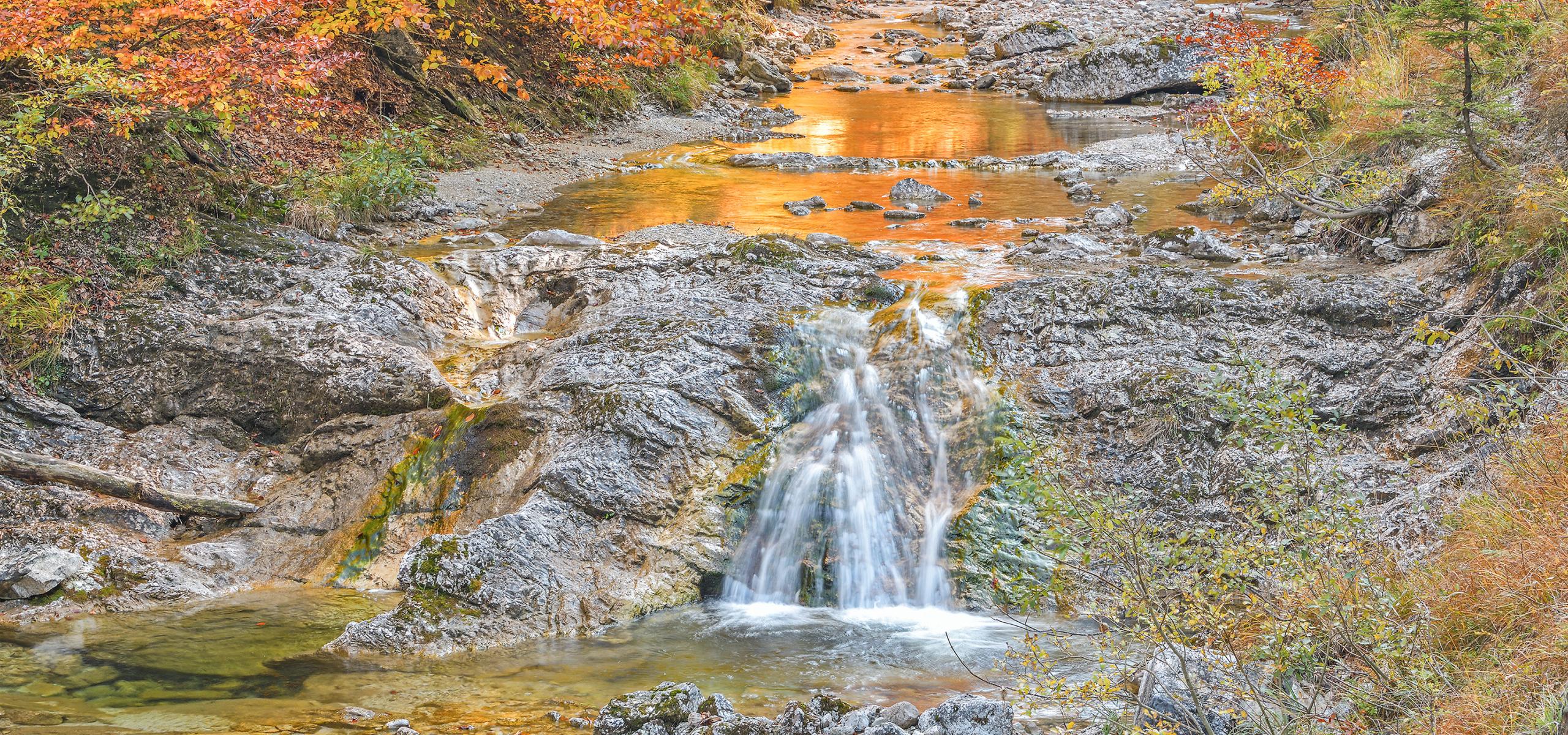 Nationalpark KalkalpenBarevné listí se na podzim odráží v horním toku řeky Krumme Steyrling .
