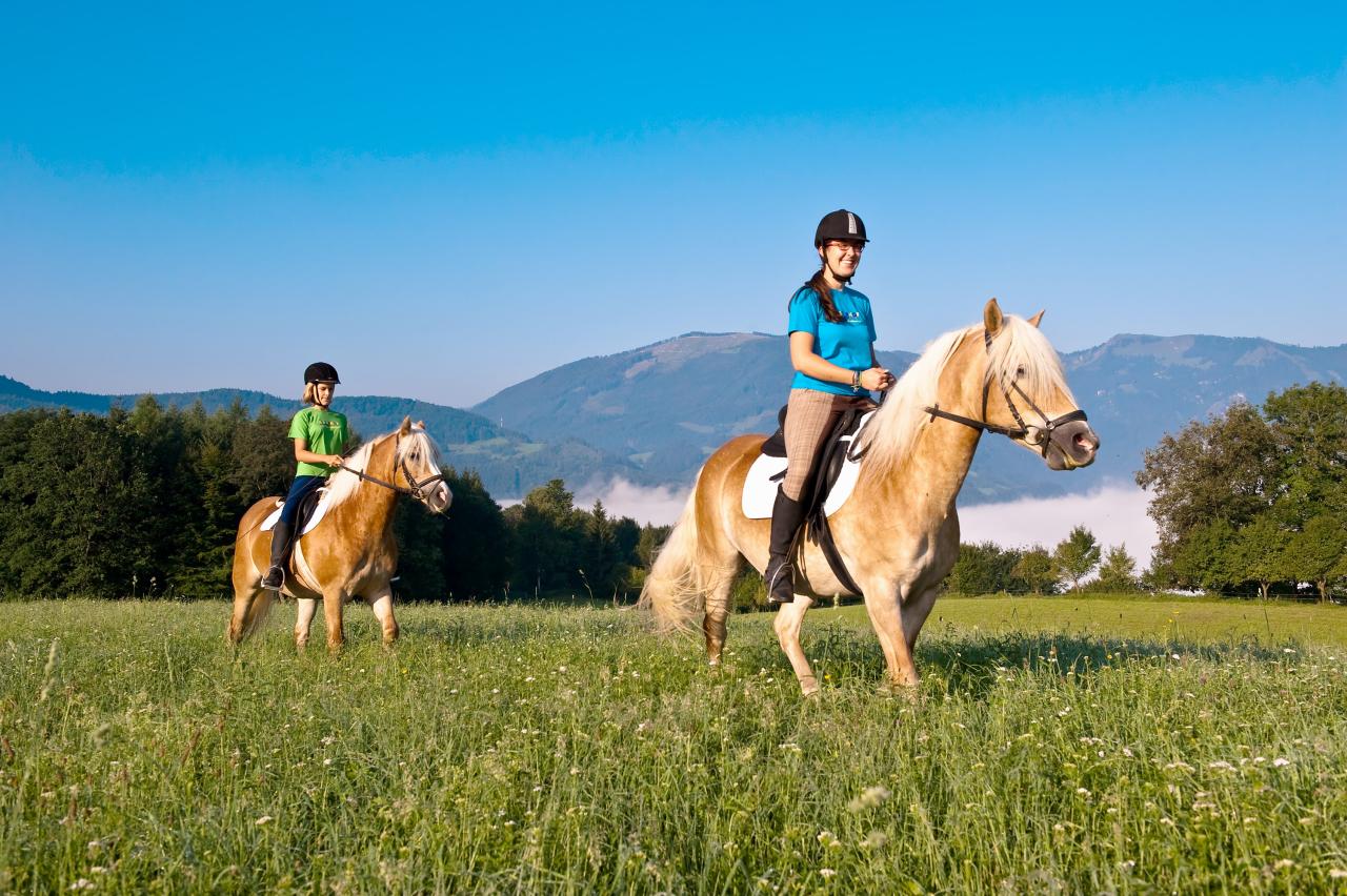 Dvě dívky jedou na koních přes rozkvetlou letní louku