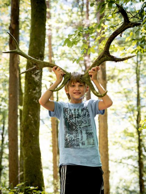 Chlapec stojí v lese a drží si u hlavy jelení paroh.
