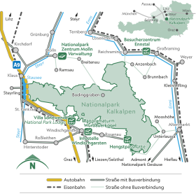 Mapa s dopravním spojením v okolí Nationalpark Kalkalpen