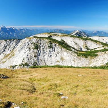 Alpské travnaté louky na náhorní plošině Hoher Nock s pohořím Tote Gebirge v pozadí