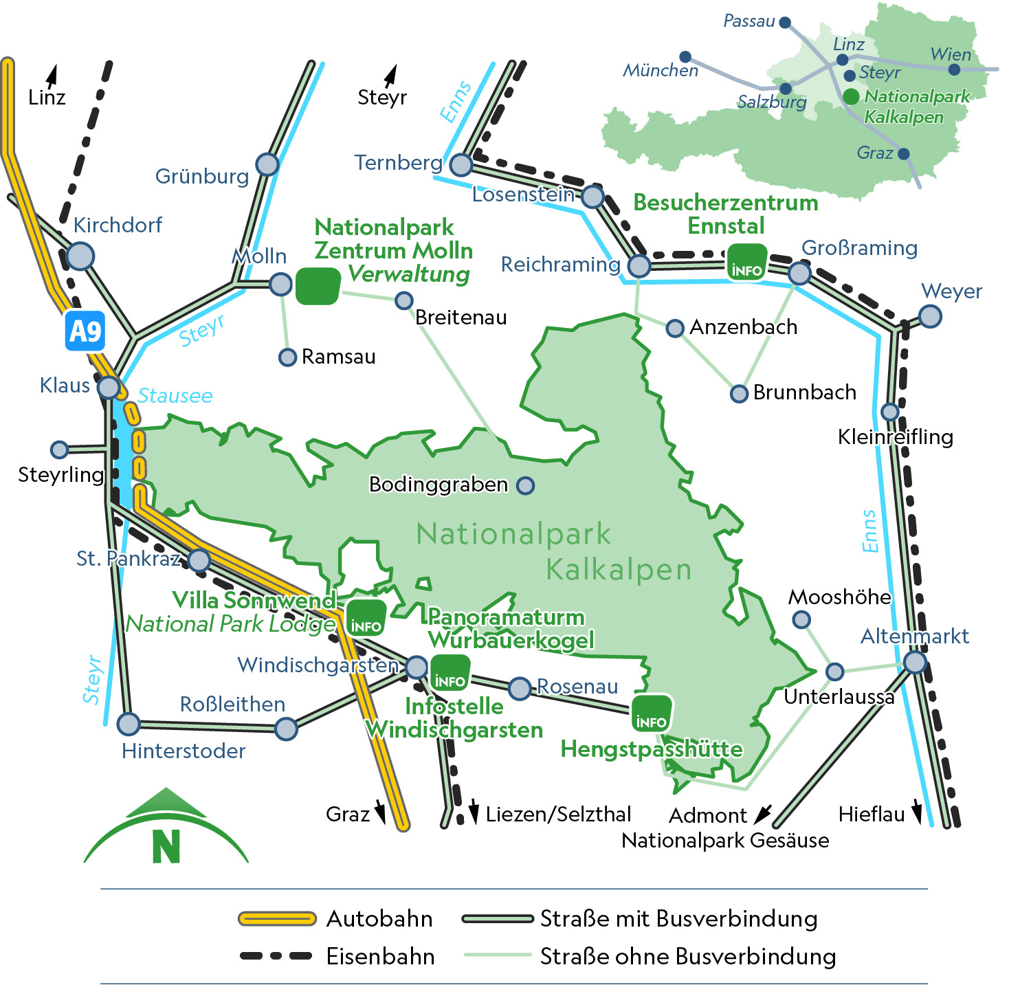 Nationalpark Kalkalpen Mapa s dopravním a železničním spojením v Horním Rakousku.