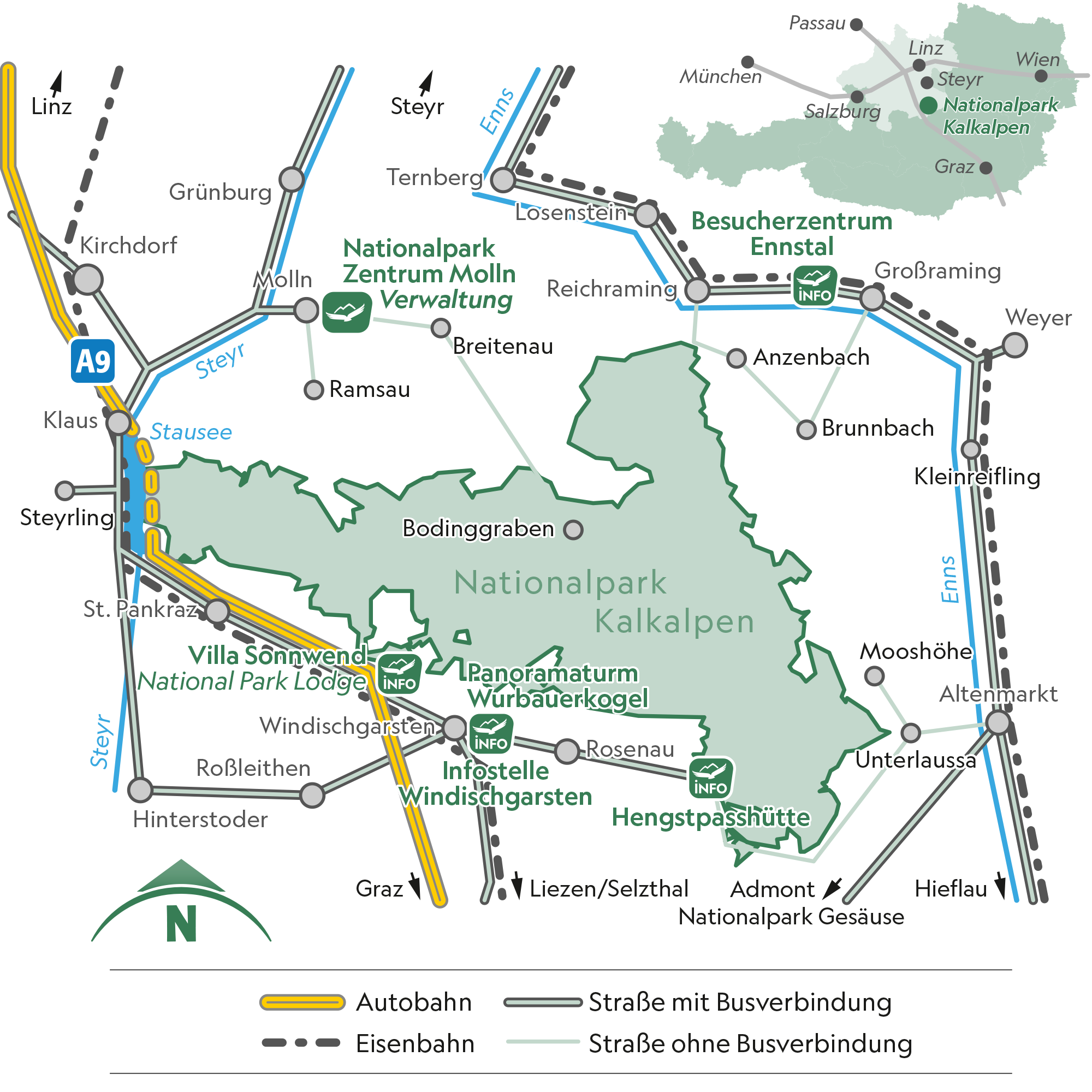 Mapa s dopravním spojením v okolí Nationalpark Kalkalpen