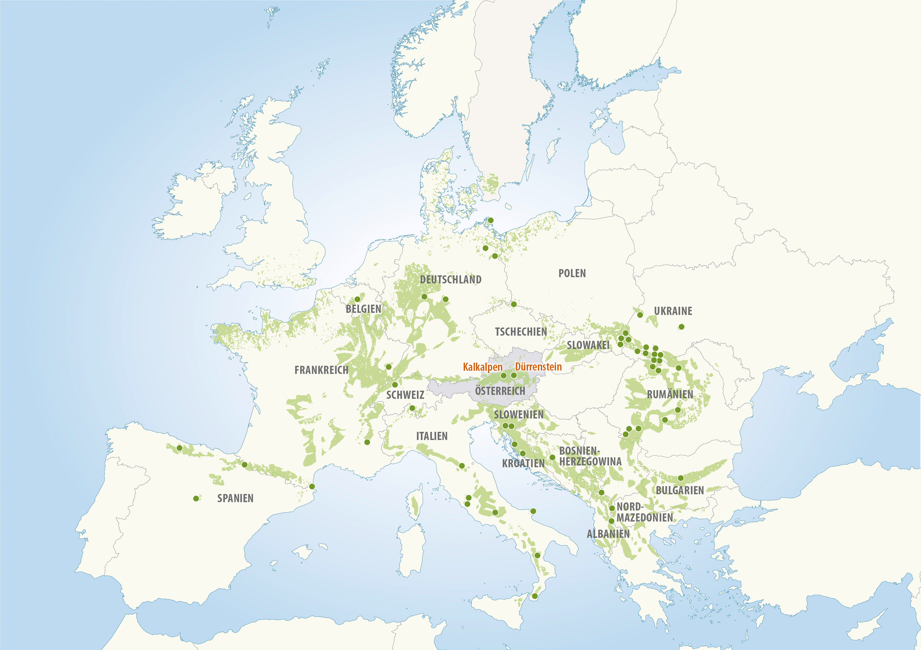 Přehledná mapa bukových lesů v Evropě, které jsou součástí světového dědictví UNESCO