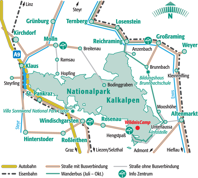 Přehledová mapa s železničními tratěmi a silnicemi v okolí Nationalpark Kalkalpen